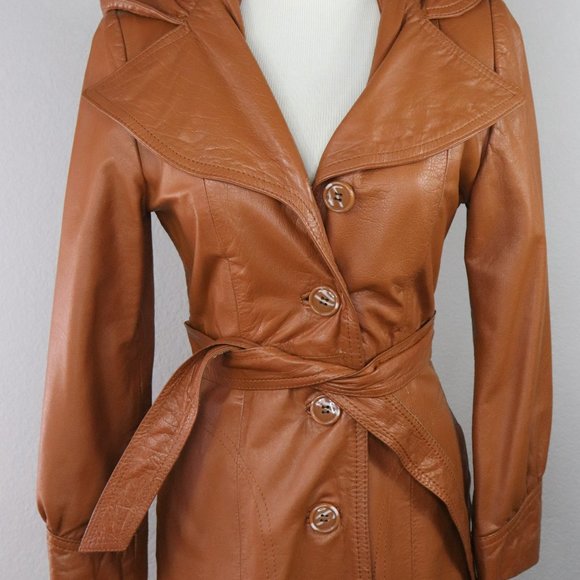 Vintage Boho 70's Leather Trench Coat with Hood Size S - Picture 11 of 14
